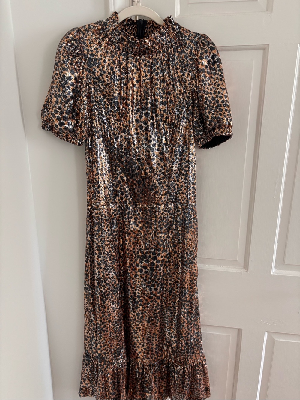 Sea New York Metallic Leopard-Print Puff Sleeve Midi Dress - Black and Gold